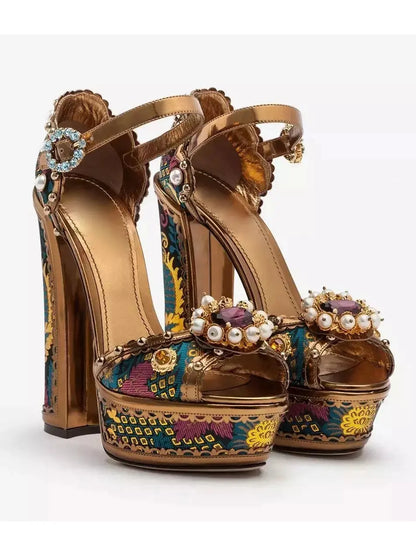 Embroidered Spanish Studded Block-Heel Sandals - Footwear