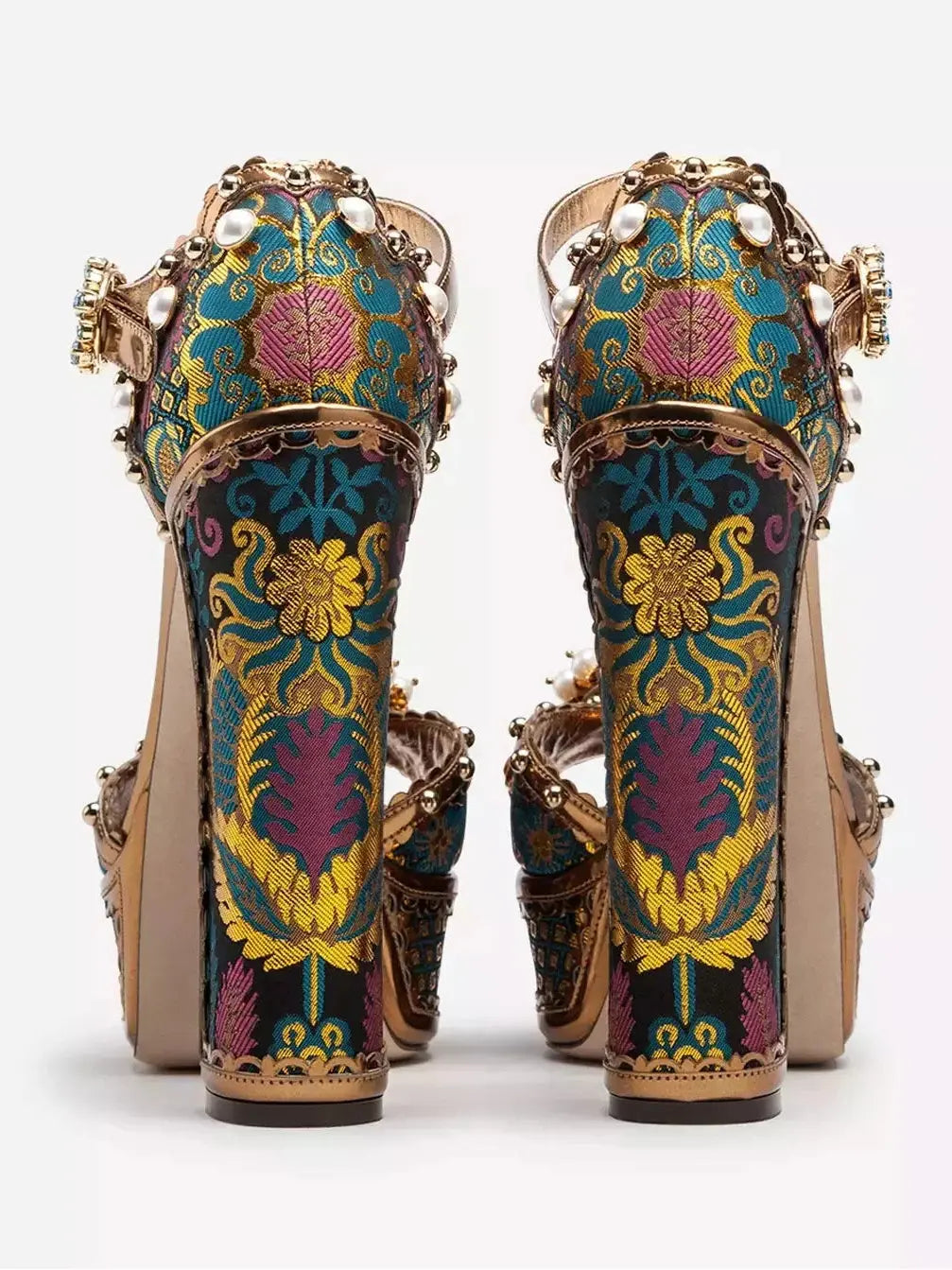 Embroidered Spanish Studded Block-Heel Sandals - Footwear