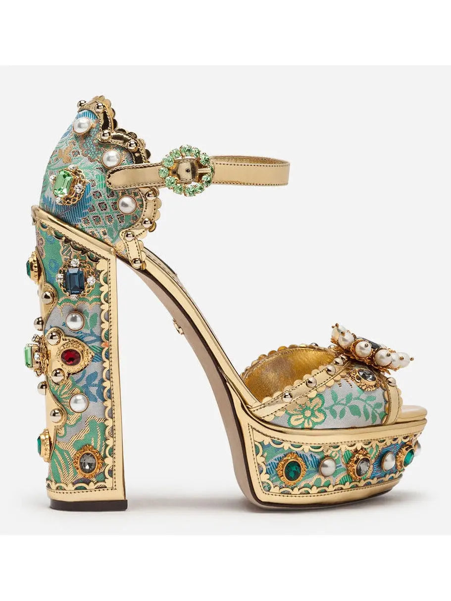 Embroidered Spanish Studded Turquoise and Green Painted Platform Sandals - Footwear