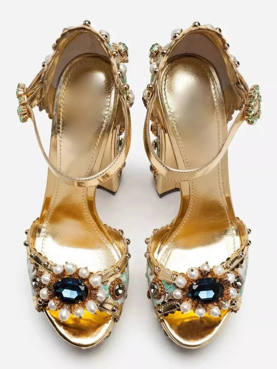 Embroidered Spanish Studded Turquoise and Green Painted Platform Sandals - Footwear