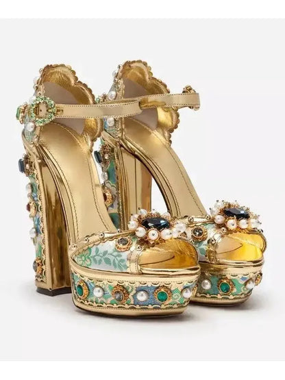 Embroidered Spanish Studded Turquoise and Green Painted Platform Sandals - Footwear