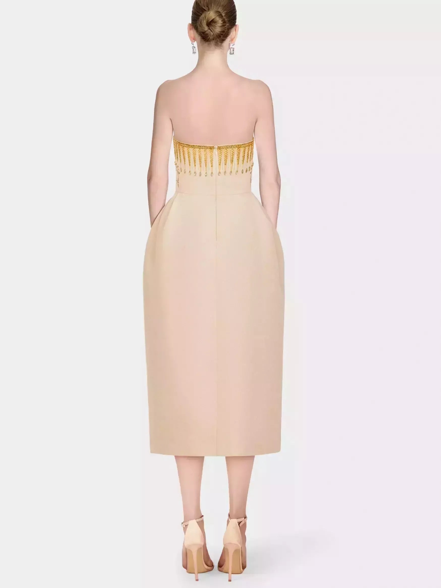Embroidered Strapless Midi Dress with Beading - Dresses
