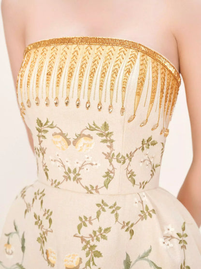Embroidered Strapless Midi Dress with Beading - Dresses