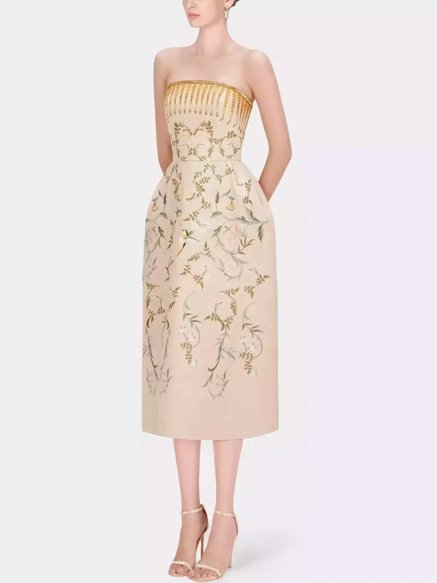 Embroidered Strapless Midi Dress with Beading - Dresses