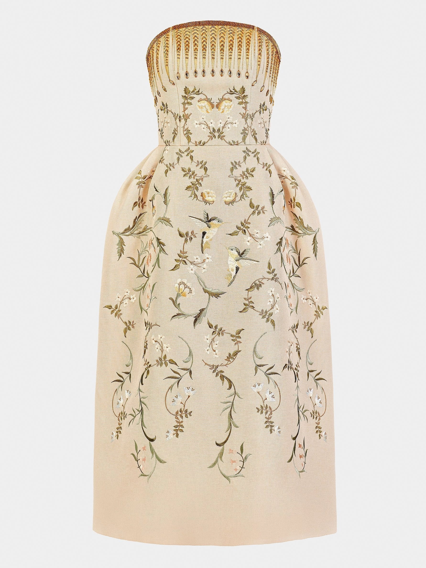 Embroidered Strapless Midi Dress with Beading - Dresses
