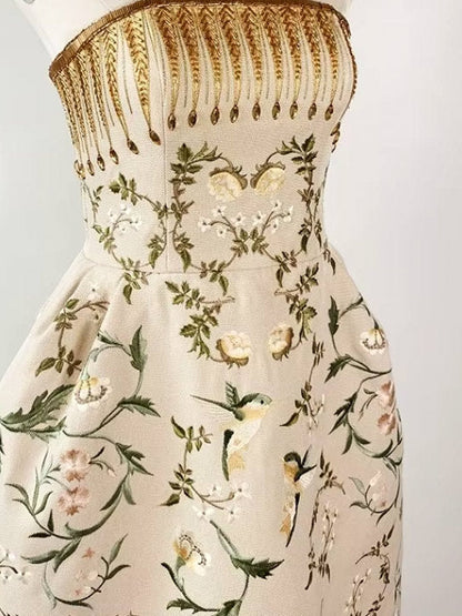 Embroidered Strapless Midi Dress with Beading - Dresses