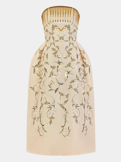 Embroidered Strapless Midi Dress with Beading - S - Dresses