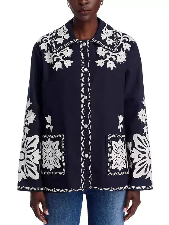 Embroidered Studded Jacket in Navy and White - Jackets