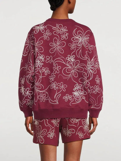 Embroidered Swirling Floral Pattern Oversized Sweatshirt - Tops