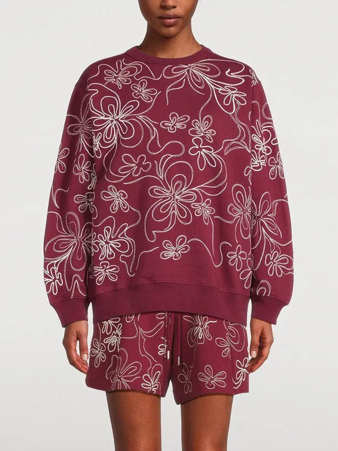 Embroidered Swirling Floral Pattern Oversized Sweatshirt - Tops