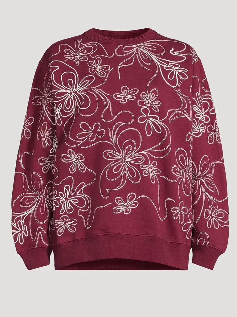 Embroidered Swirling Floral Pattern Oversized Sweatshirt - Tops