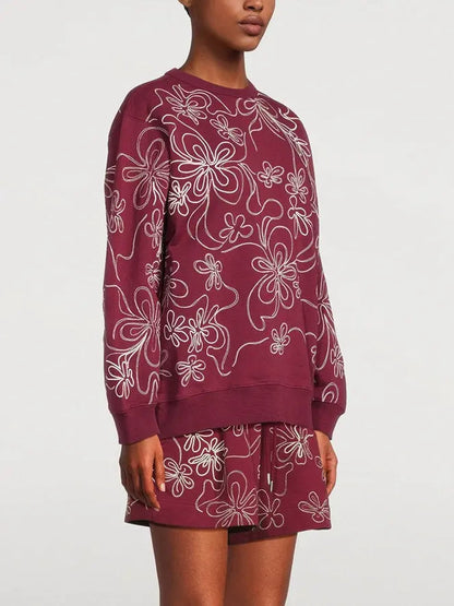 Embroidered Swirling Floral Pattern Oversized Sweatshirt - Tops