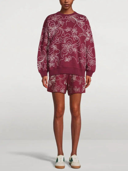 Embroidered Swirling Floral Pattern Oversized Sweatshirt - Tops