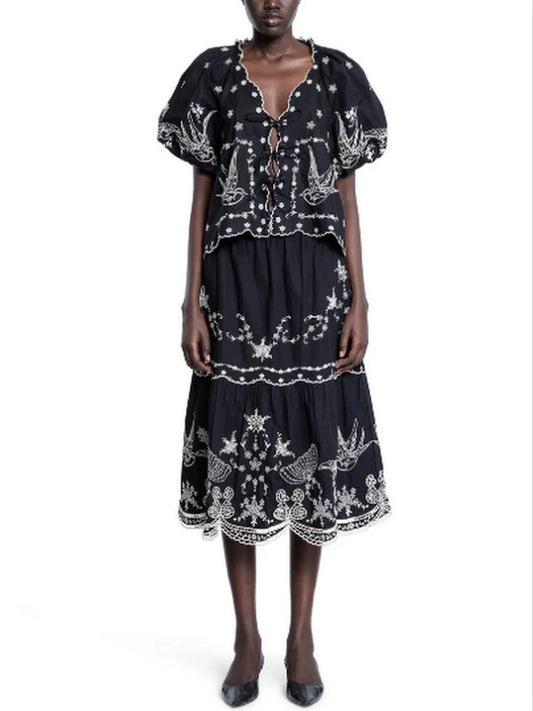 Embroidered Tie-Front Blouse and Midi Skirt Set - Small - Suits & Sets