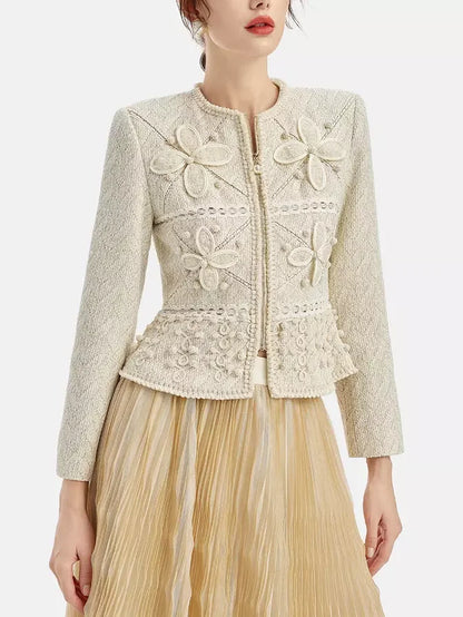Beige floral-embellished embroidered tweed zip-front jacket showcased for purchase