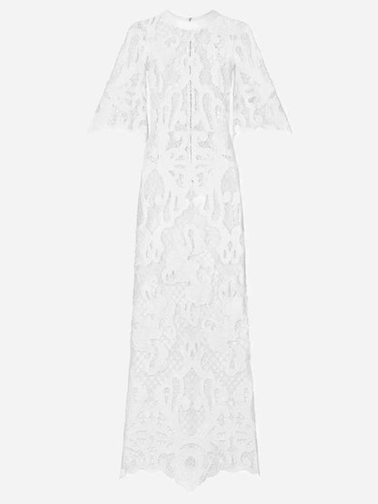 Embroidered White Mesh Maxi Dress - Dresses
