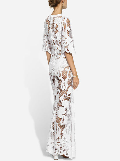 Embroidered White Mesh Maxi Dress - Dresses