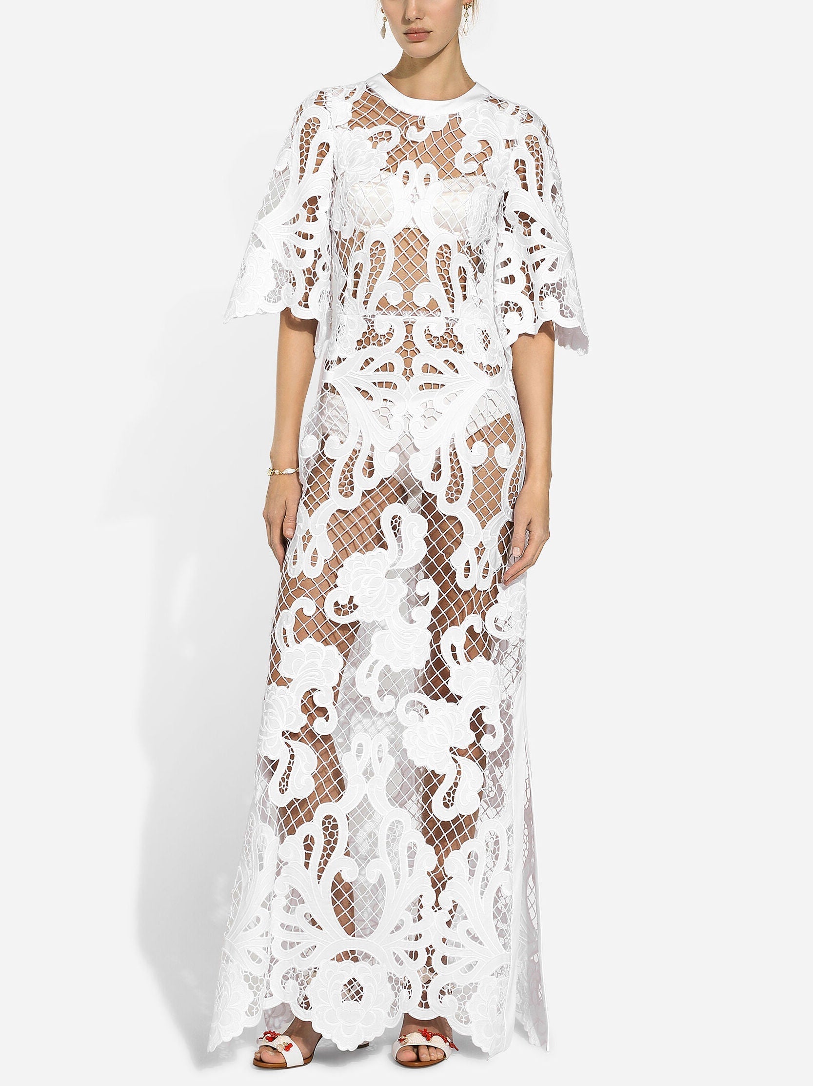 Embroidered White Mesh Maxi Dress - Dresses