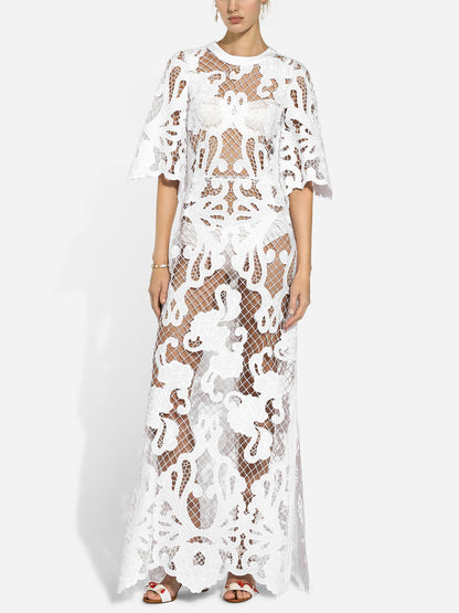 Embroidered White Mesh Maxi Dress - Dresses