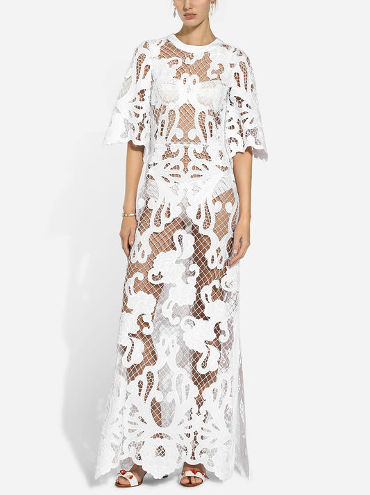 Embroidered White Mesh Maxi Dress - Dresses