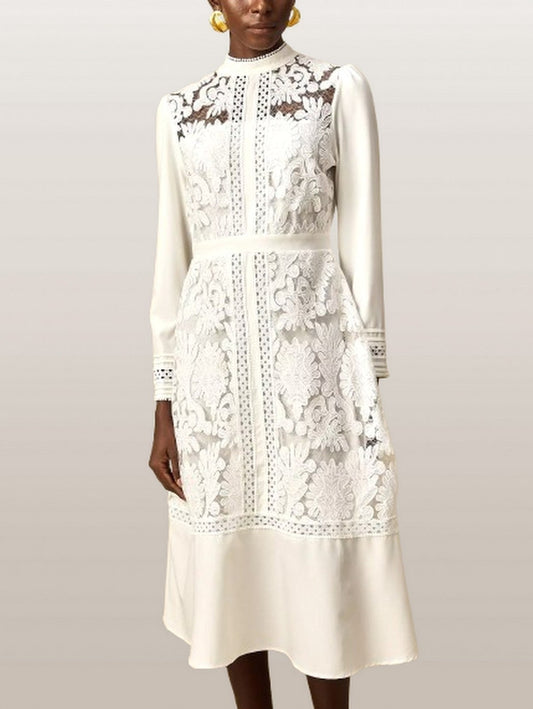 Embroidered White Paneled Midi Dress - Dresses