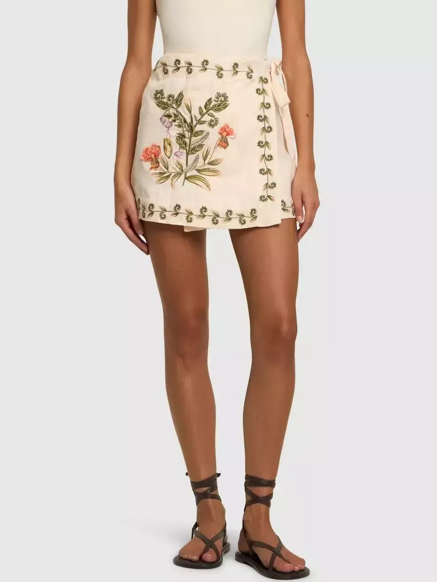 Embroidered Wrap Linen Mini Skirt - Skirts