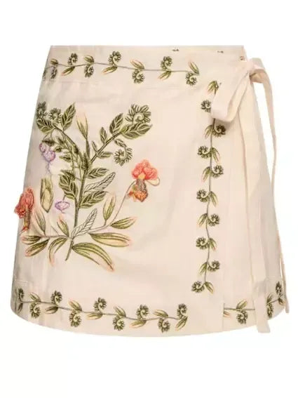 Embroidered Wrap Linen Mini Skirt - Skirts