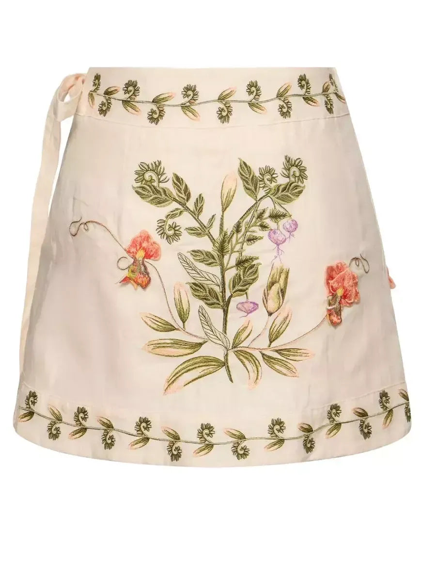 Embroidered Wrap Linen Mini Skirt - Skirts