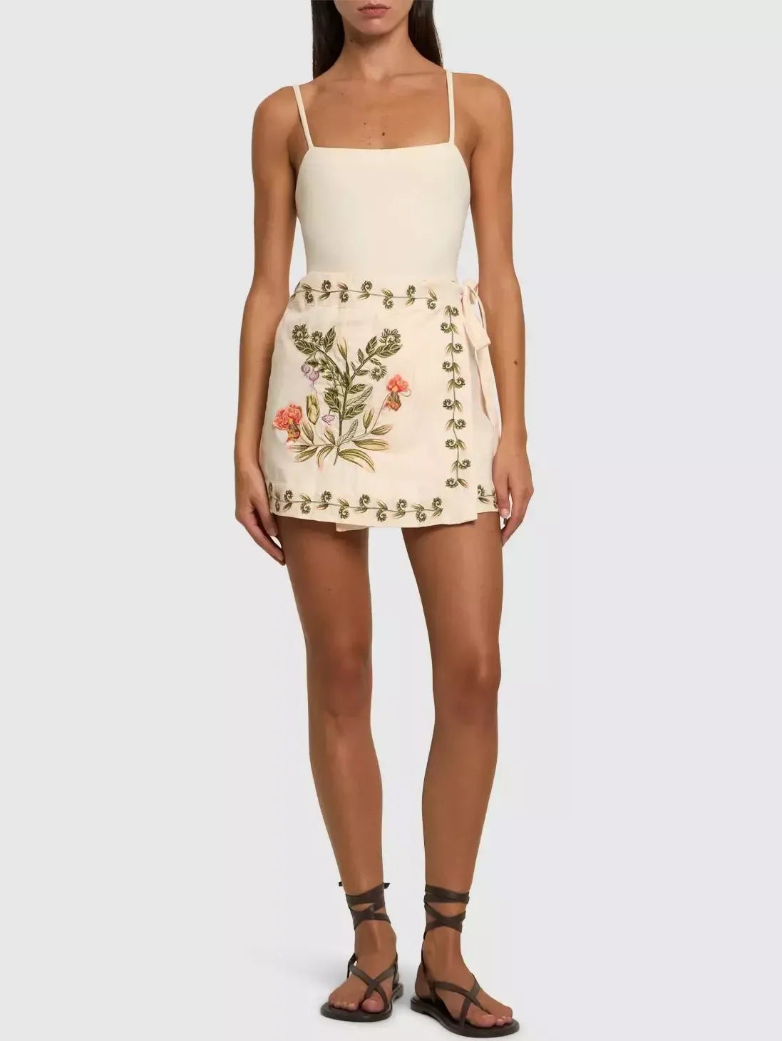Embroidered Wrap Linen Mini Skirt - Skirts