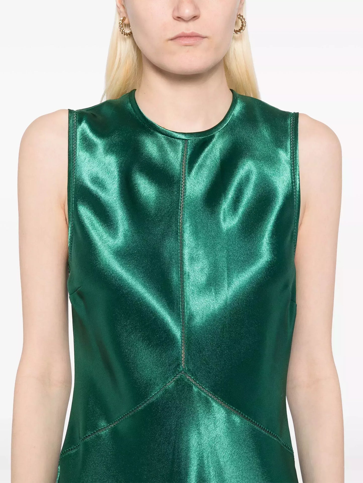 Emerald Green Satin Paneled Sleeveless Dress - Dresses