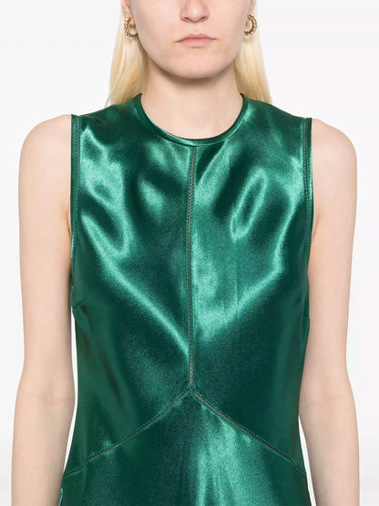 Emerald Green Satin Paneled Sleeveless Dress - Dresses
