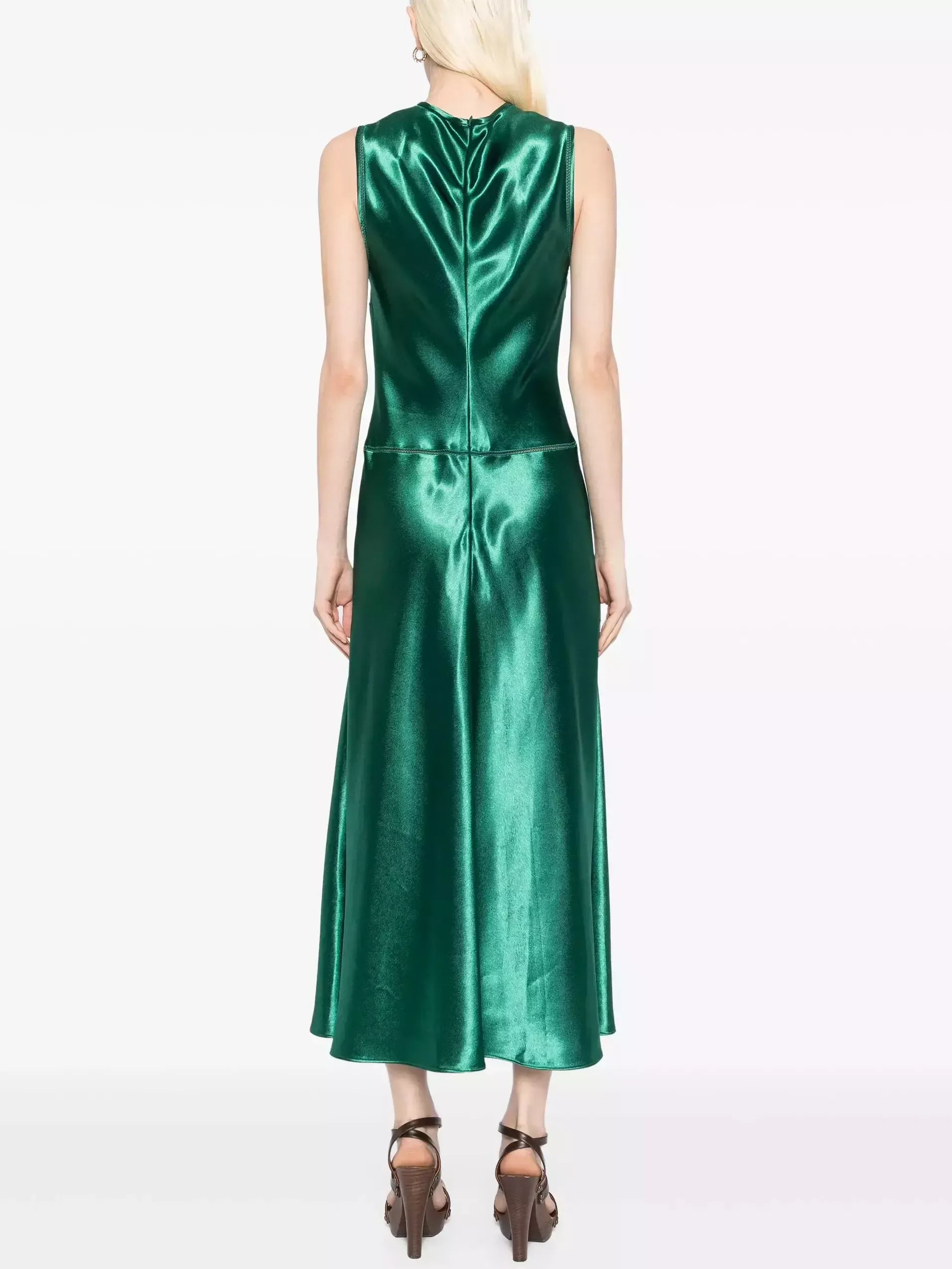 Emerald Green Satin Paneled Sleeveless Dress - Dresses
