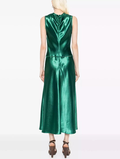 Emerald Green Satin Paneled Sleeveless Dress - Dresses