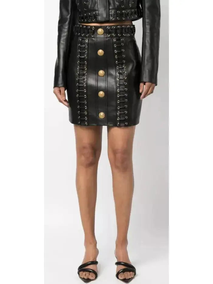 Eyelet-Embellished Buttoned Leather Mini Skirt - Skirts