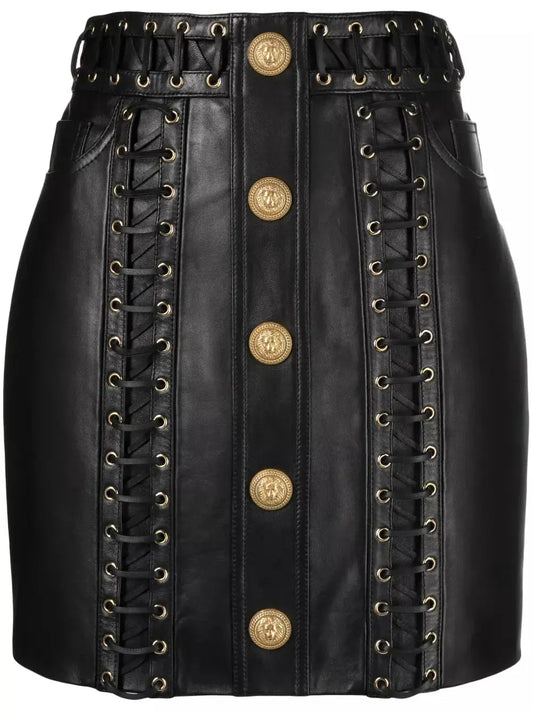 Eyelet-Embellished Buttoned Leather Mini Skirt - Skirts