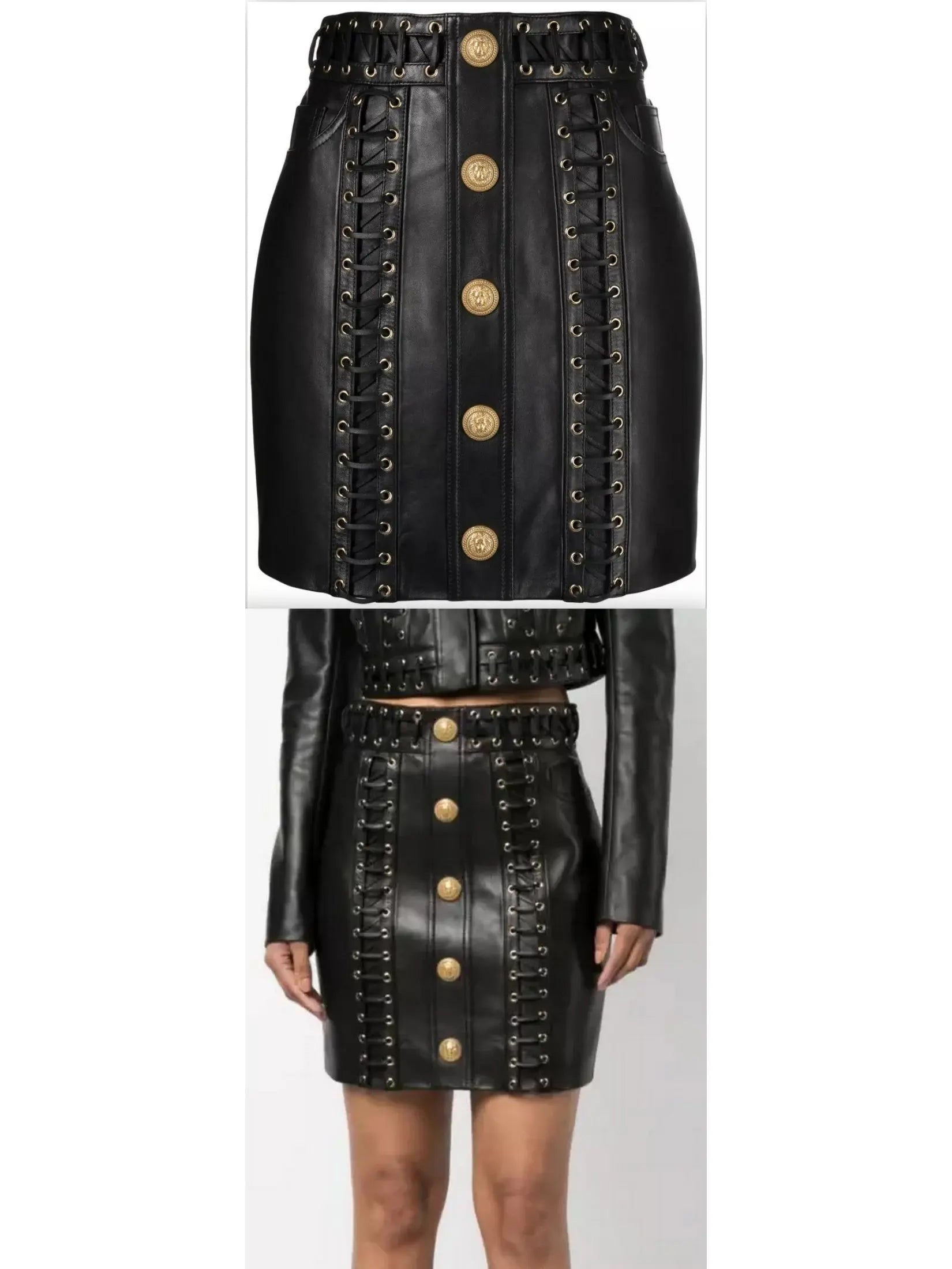 Eyelet-Embellished Buttoned Leather Mini Skirt - small - Skirts