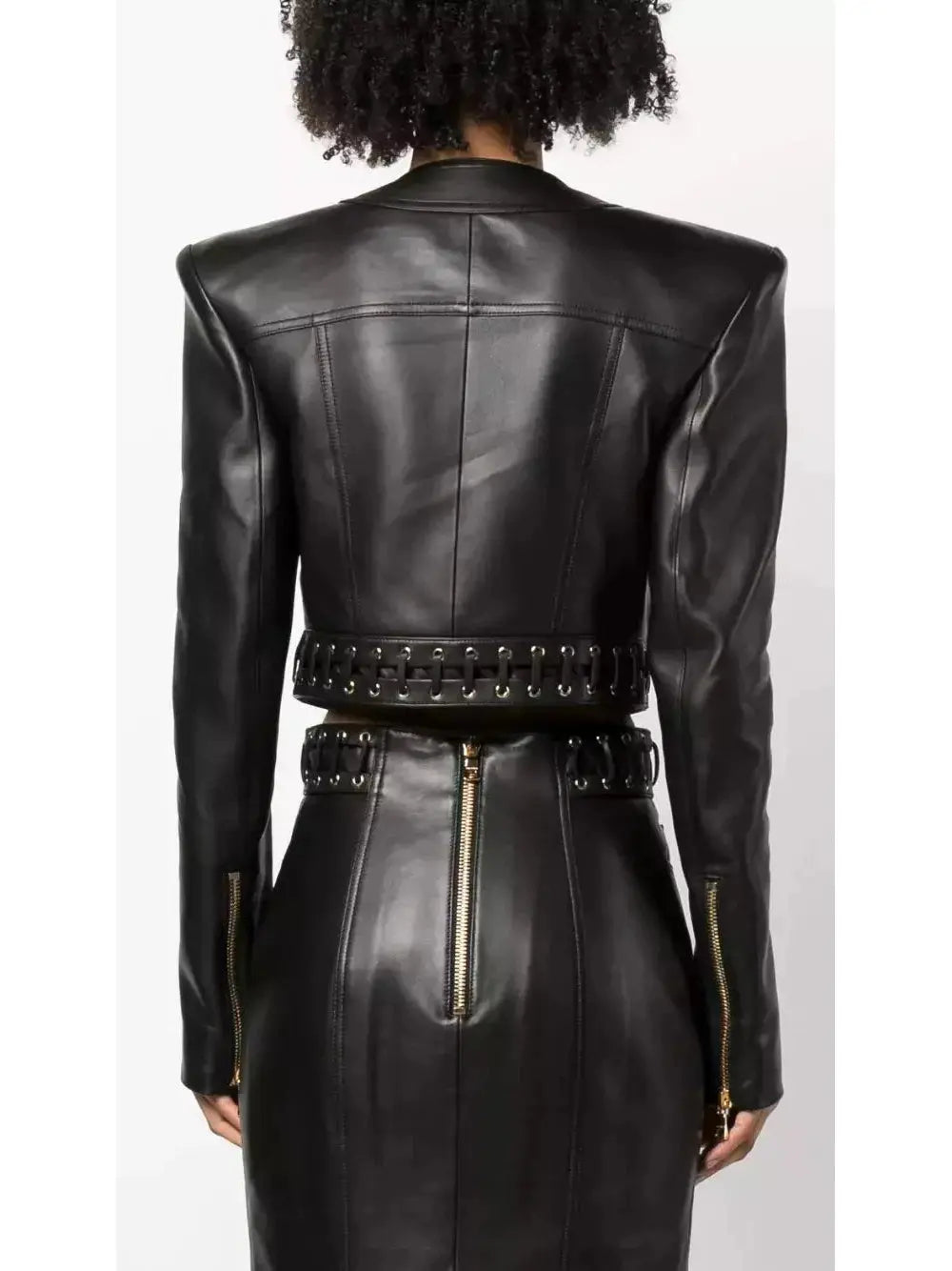 Eyelet-Embellished Cropped Leather Jacket - Jackets