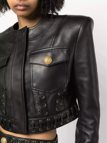 Eyelet-Embellished Cropped Leather Jacket - Jackets