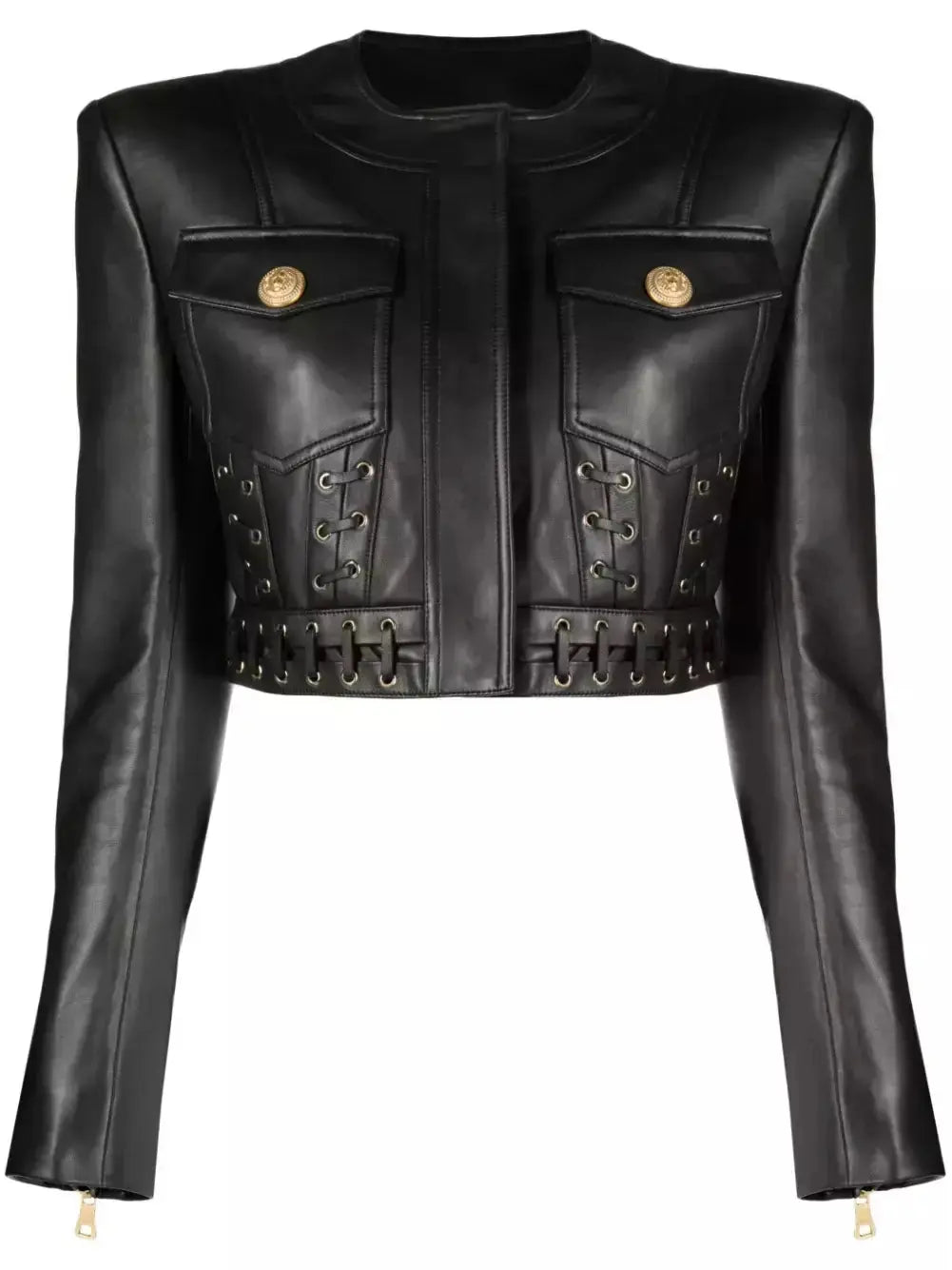 Eyelet-Embellished Cropped Leather Jacket - Jackets