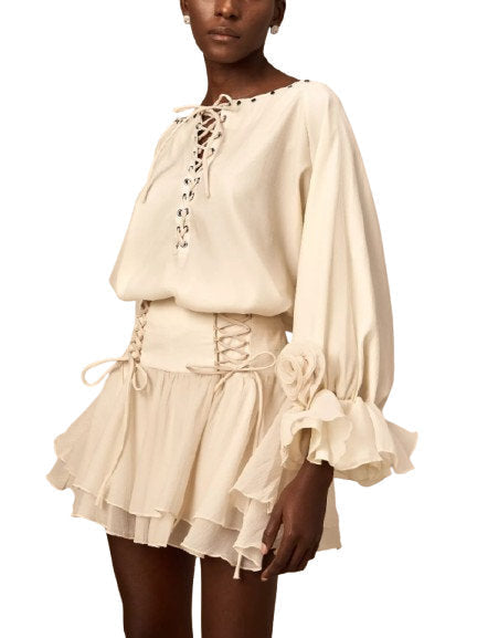 Eyelet Lace-Up Floral Appliqued Blouse and Skirt Set - Suits & Sets