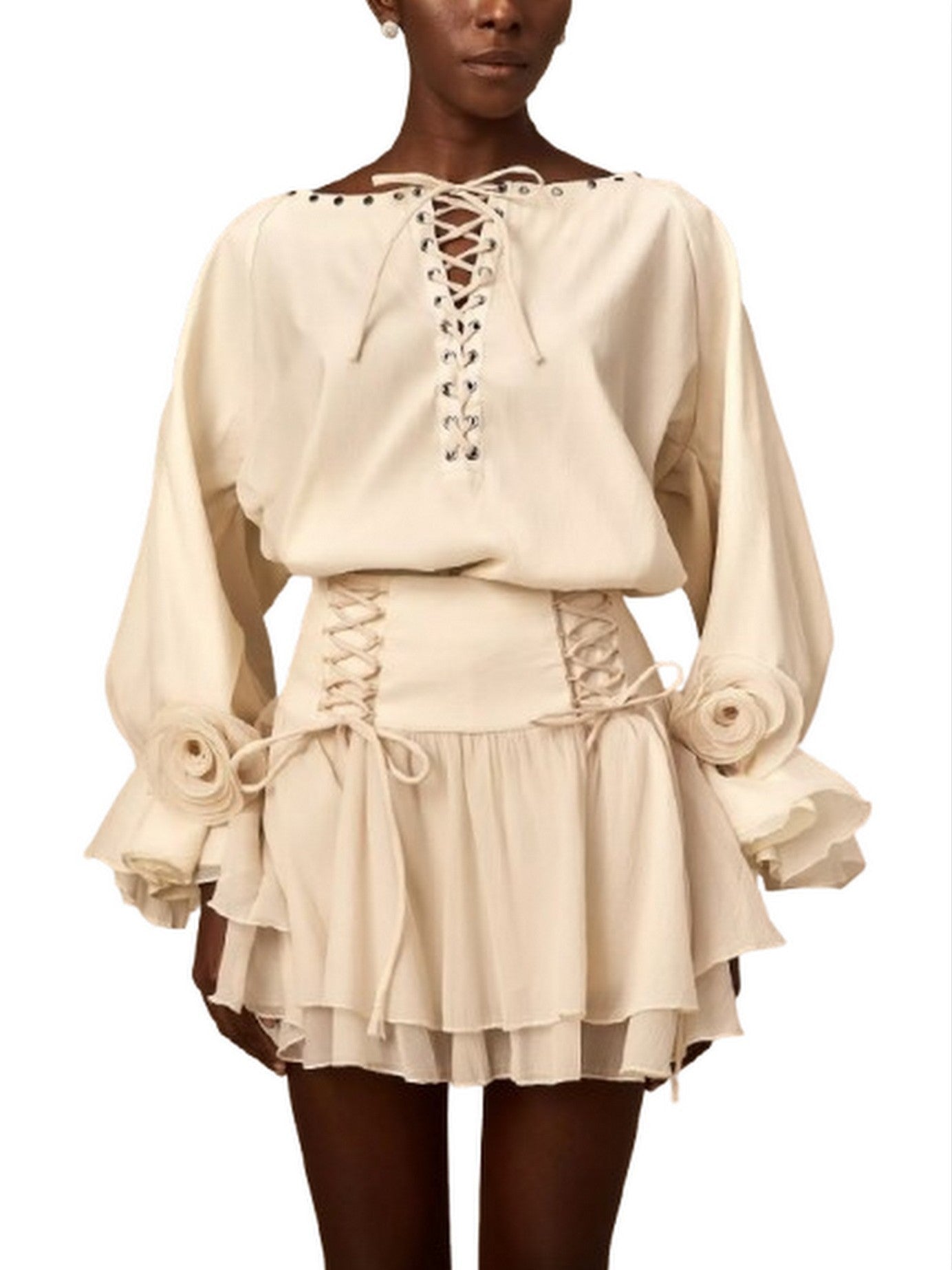 Eyelet Lace-Up Floral Appliqued Blouse and Skirt Set - Suits & Sets