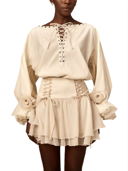 Eyelet Lace-Up Floral Appliqued Blouse and Skirt Set - Suits & Sets