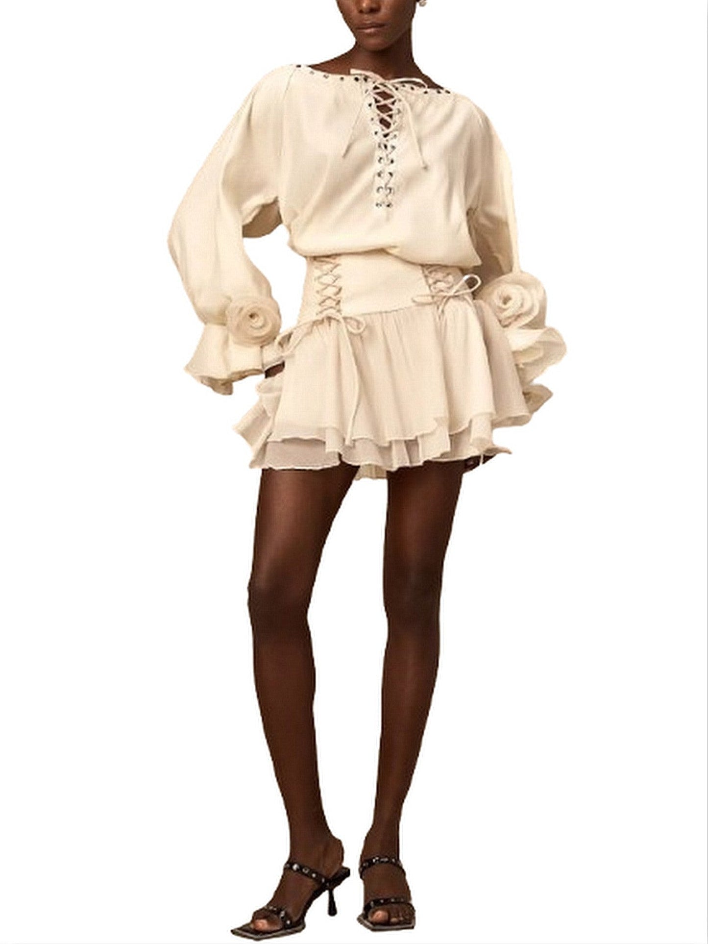 Eyelet Lace-Up Floral Appliqued Blouse and Skirt Set - Suits & Sets