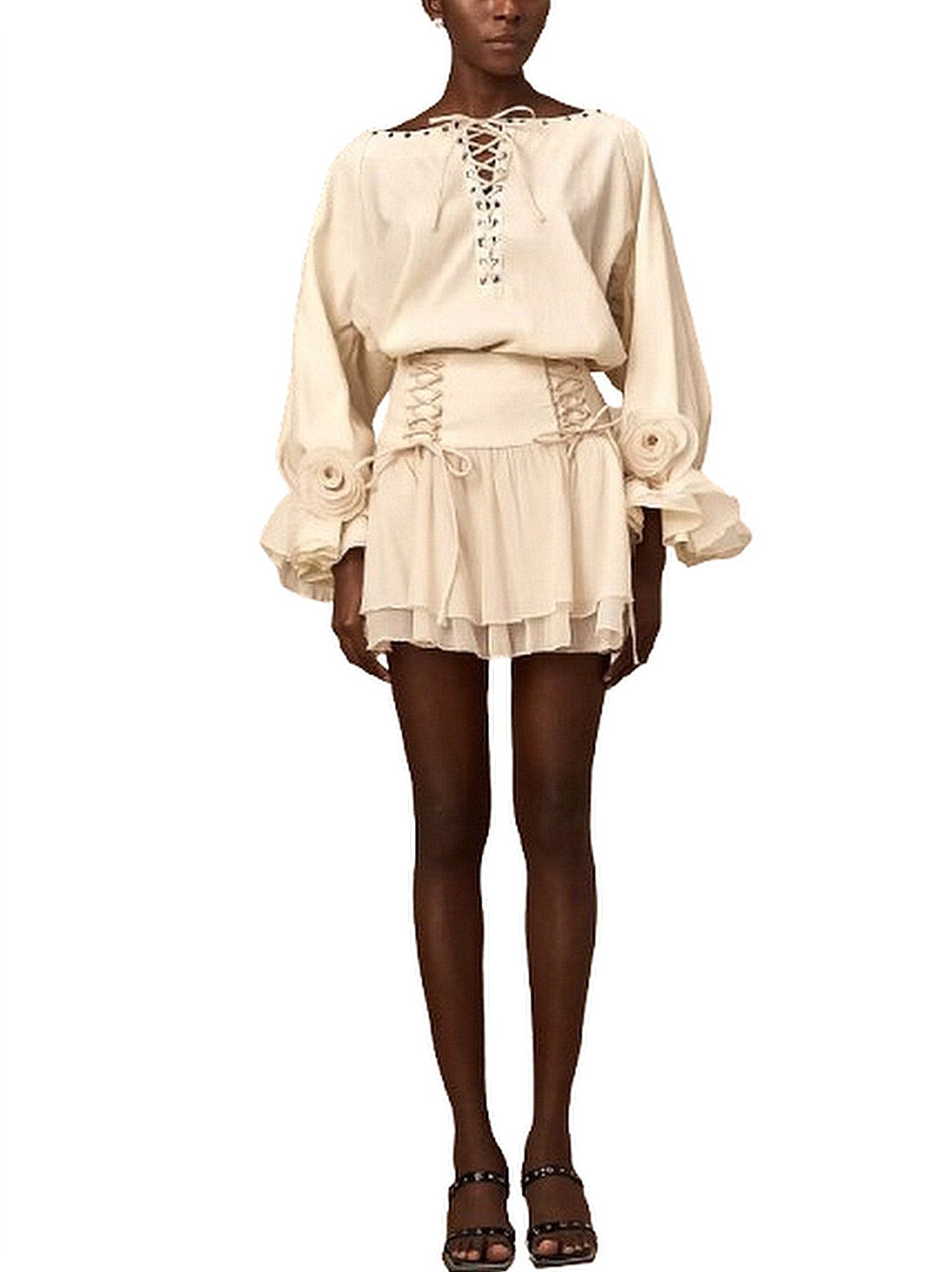 Eyelet Lace-Up Floral Appliqued Blouse and Skirt Set - Suits & Sets