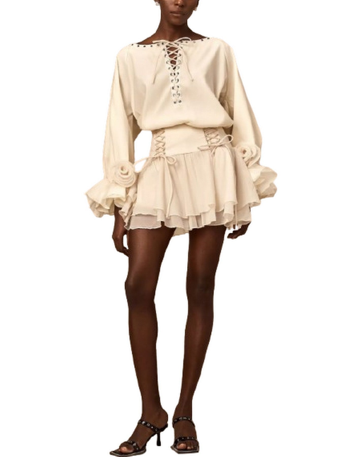 Eyelet Lace-Up Floral Appliqued Blouse and Skirt Set - Suits & Sets