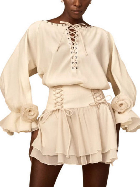 Eyelet Lace-Up Floral Appliqued Blouse and Skirt Set - Suits & Sets