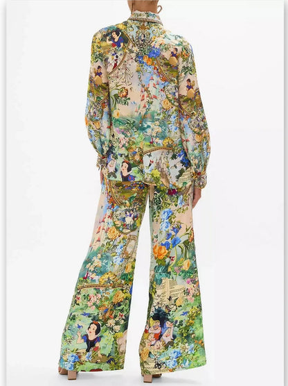 Fairy Tale and Floral Printed Blouse and Lounge Pant Set - Suits & Sets