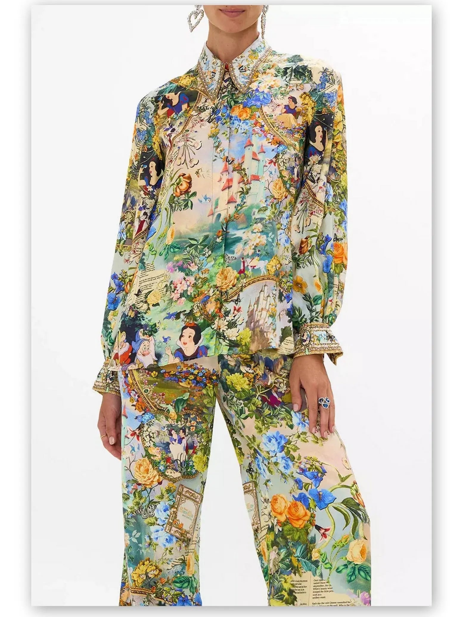 Fairy Tale and Floral Printed Blouse and Lounge Pant Set - Suits & Sets