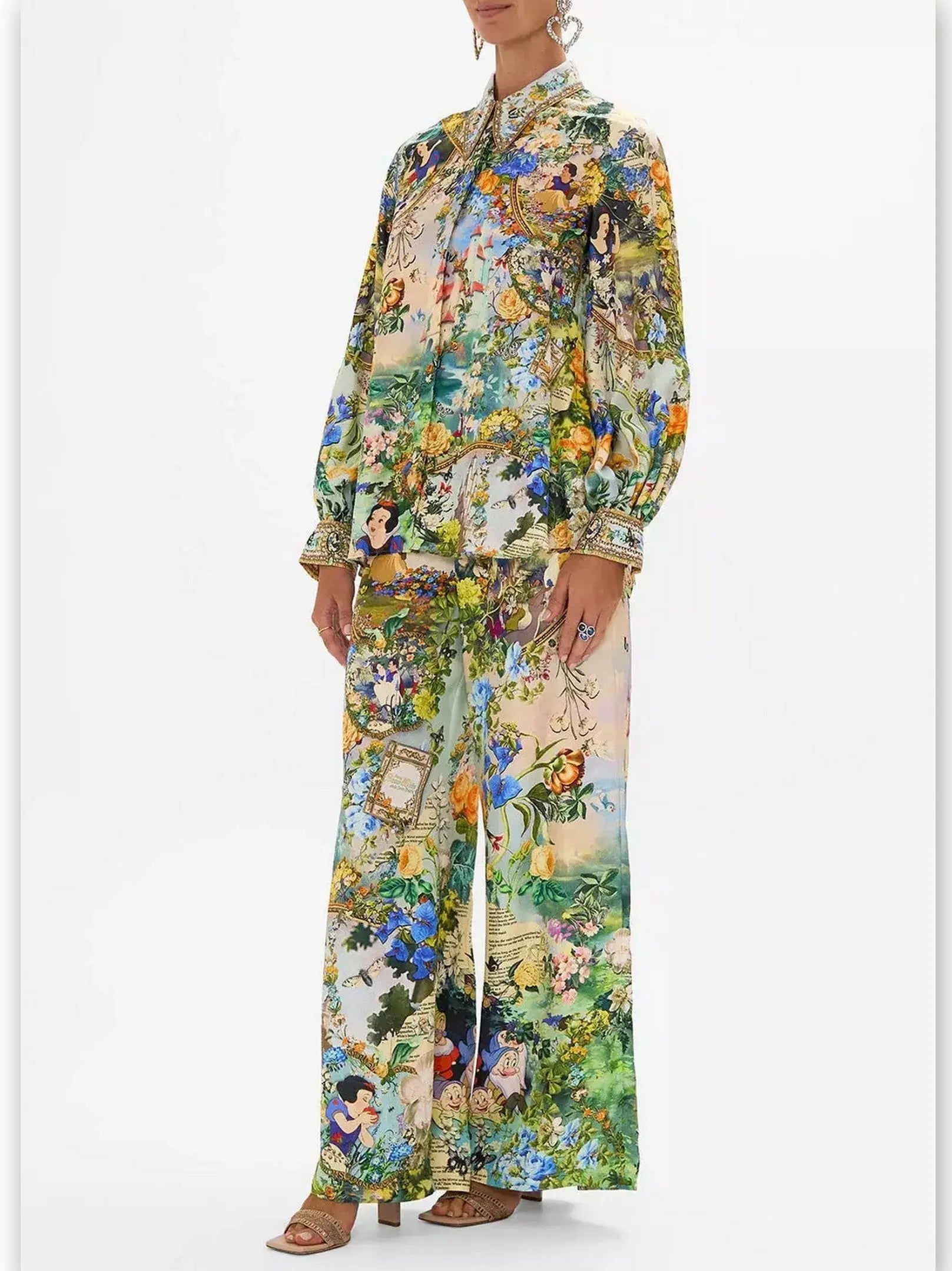 Fairy Tale and Floral Printed Blouse and Lounge Pant Set - Suits & Sets