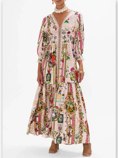 Fairy Tale and Floral Printed Dress with Shirred Waist - Dresses